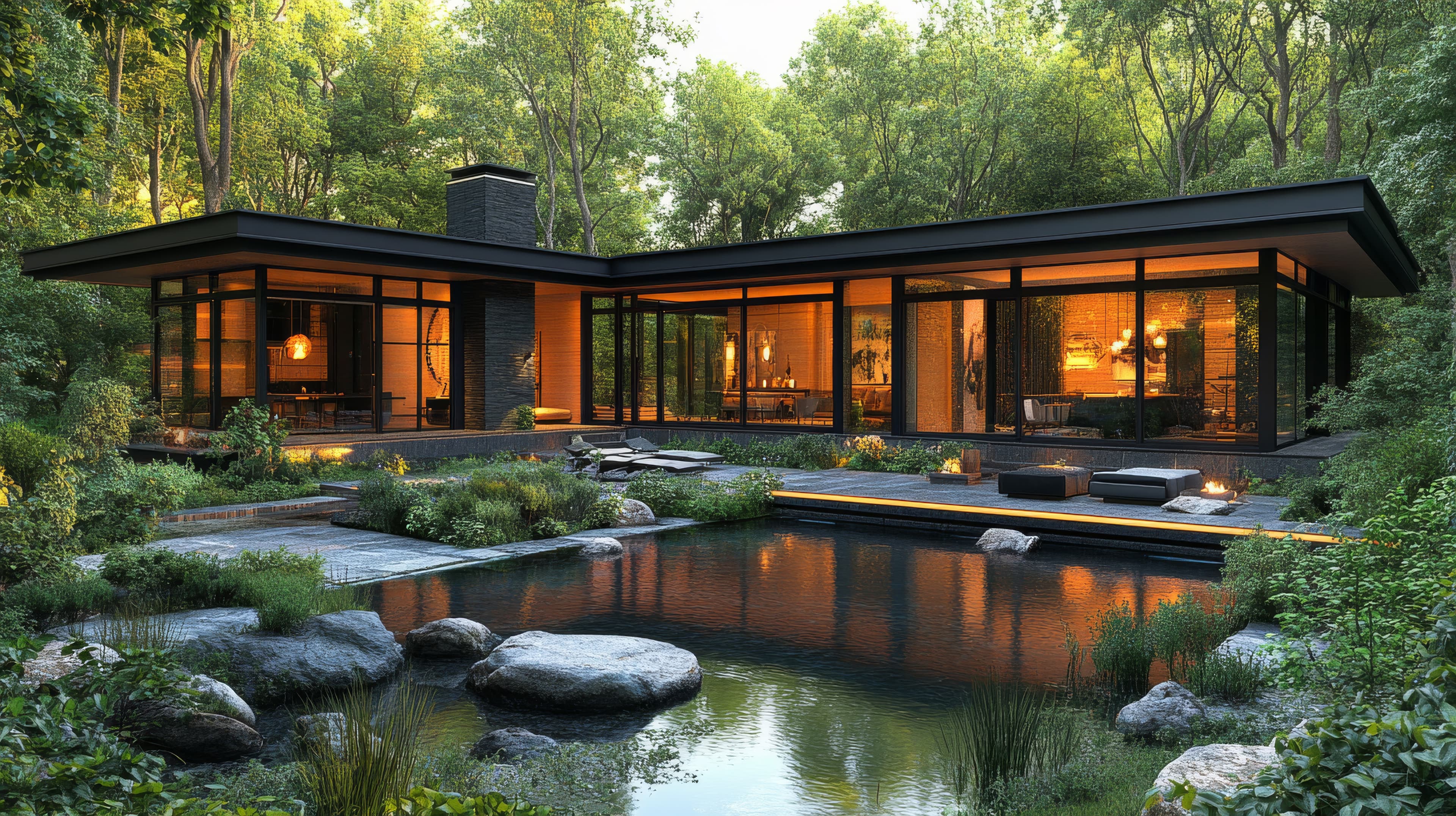 Glass garden pavilion nestled among lush greenery at golden hour