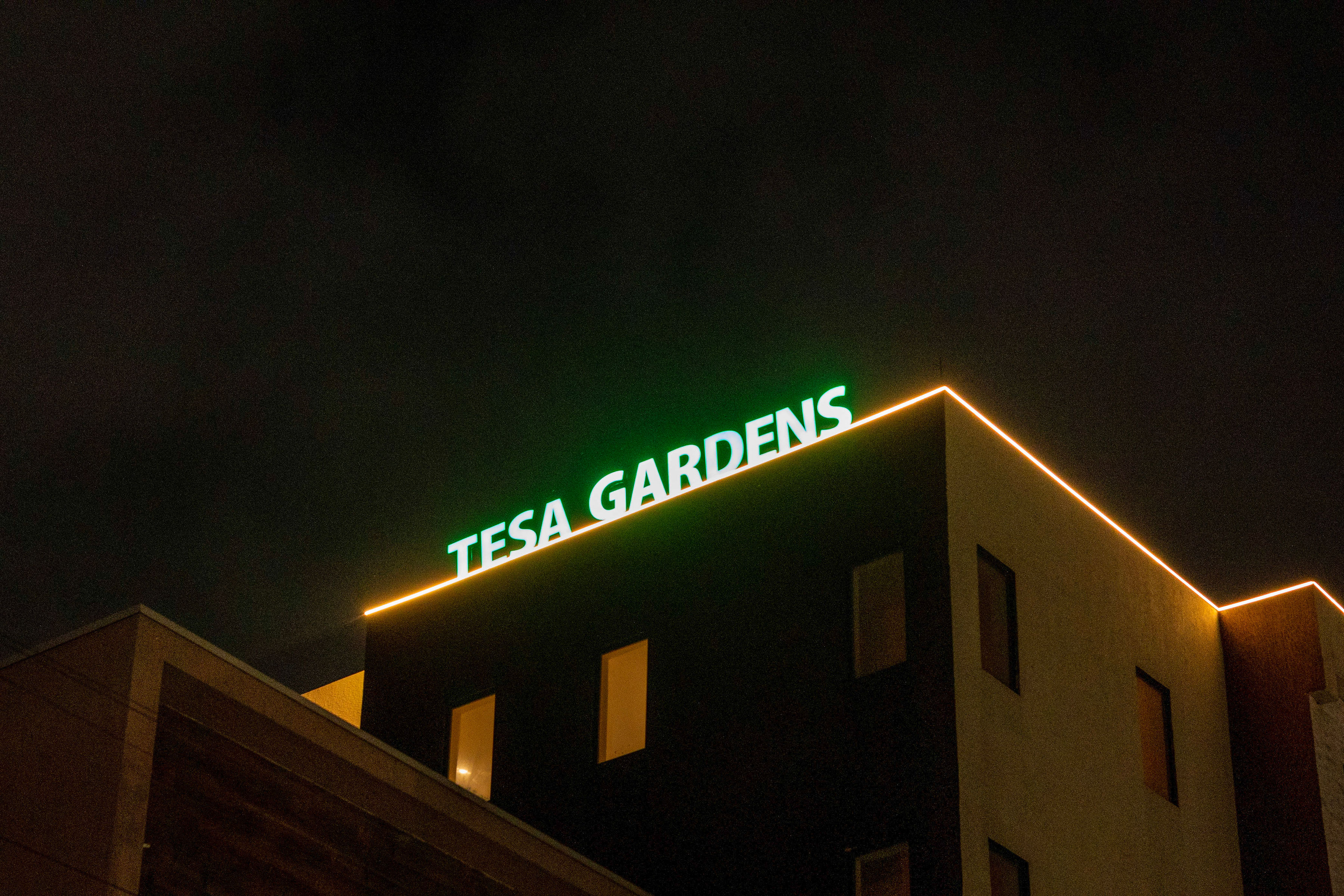 The illuminated Tesa Gardens sign on the roofline at night